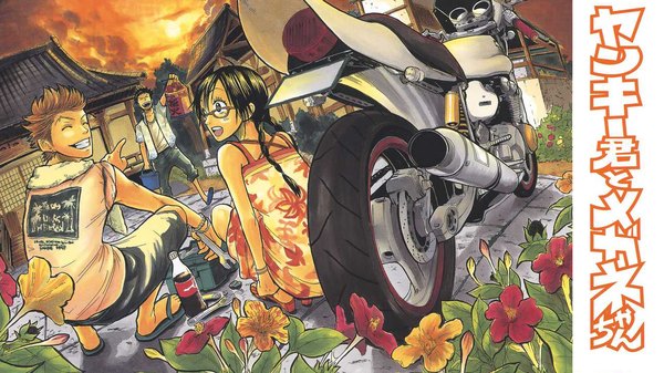 Anime picture 1280x720 with yankee-kun to megane-chan adachi hana shinagawa daichi wide image glasses motorcycle