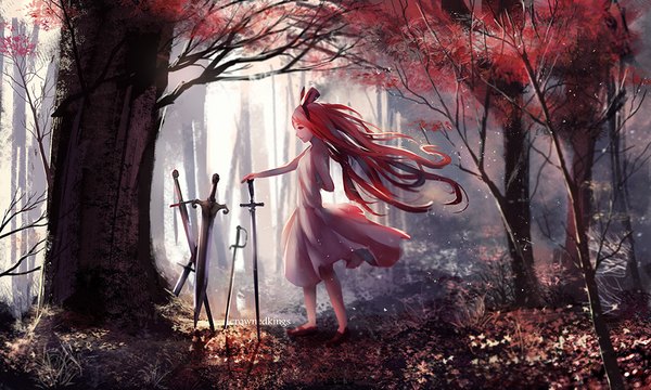 Anime picture 1000x600 with crownedkings single long hair fringe wide image standing red hair profile sunlight bare tree girl dress weapon plant (plants) sword tree (trees) hairband leaf (leaves) sundress forest