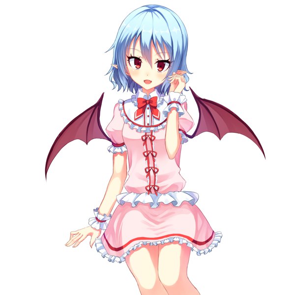 Anime-Bild 1080x1080 mit touhou remilia scarlet junior27016 single looking at viewer fringe short hair open mouth simple background smile hair between eyes red eyes white background blue hair head tilt :d pointy ears short sleeves fang (fangs) puffy sleeves