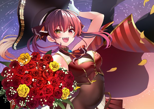 Anime picture 1228x868 with virtual youtuber hololive houshou marine houshou marine (1st costume) yoshioka pochi single long hair looking at viewer fringe open mouth hair between eyes twintails red hair :d heterochromia covered navel adjusting hat girl flower (flowers) ribbon (ribbons)