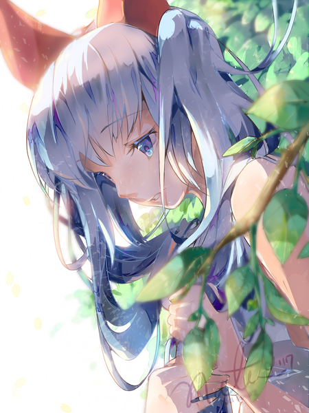 Anime picture 2100x2800 with original nachooz single long hair tall image fringe highres blue eyes twintails bare shoulders signed blue hair upper body sunlight looking down clenched teeth girl leaf (leaves) branch