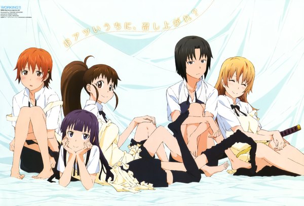 Anime picture 6012x4081 with working!! a-1 pictures megami magazine yamada aoi taneshima popura inami mahiru todoroki yachiyo shirafuji kyouko long hair highres short hair blue eyes black hair blonde hair brown hair multiple girls brown eyes absurdres purple hair ponytail