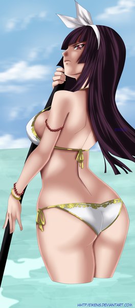 Anime picture 1244x2822 with fairy tail mikazuchi kagura eikens single long hair tall image breasts light erotic bare shoulders brown eyes looking away sky purple hair cloud (clouds) ass profile coloring back girl weapon