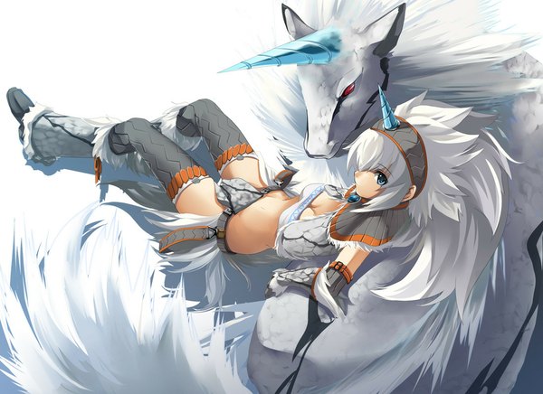 Anime picture 1100x800 with monster hunter kirin (armor) single horn (horns) girl thighhighs tubetop