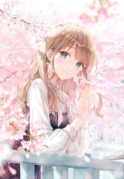 Anime picture 2405x3485 with original hiten (hitenkei) single long hair tall image looking at viewer blush fringe highres brown hair standing holding upper body outdoors grey eyes cherry blossoms against fence girl earrings petals