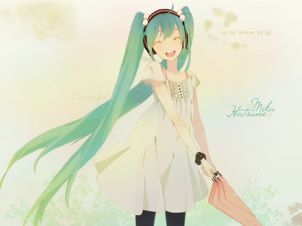 Anime picture 1600x1200 with vocaloid hatsune miku single simple background smile white background twintails very long hair aqua hair inscription girl dress headphones