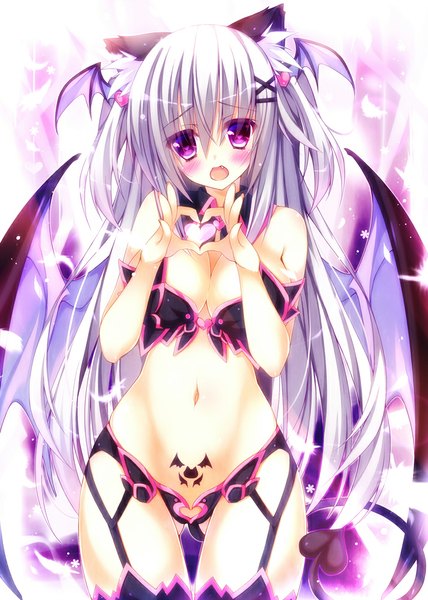 Anime picture 714x1000 with original oziko (ojitcha) ojitcha single long hair tall image blush breasts open mouth light erotic purple eyes animal ears white hair cat ears two side up ass visible through thighs head wings girl navel wings