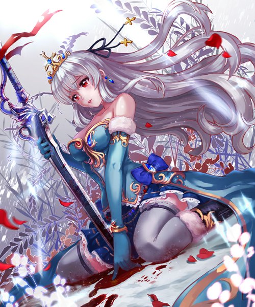 Anime picture 833x1000 with original miazi single long hair tall image red eyes bare shoulders white hair girl thighhighs dress gloves weapon earrings petals sword elbow gloves blood tiara