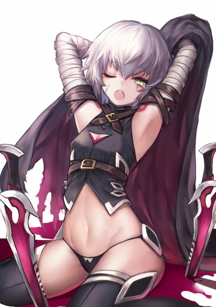 Anime picture 1488x2104 with fate (series) fate/apocrypha jack the ripper (fate/apocrypha) yui (kawalcjil4) single tall image looking at viewer fringe short hair open mouth light erotic simple background hair between eyes white background sitting green eyes silver hair one eye closed arms up bare belly