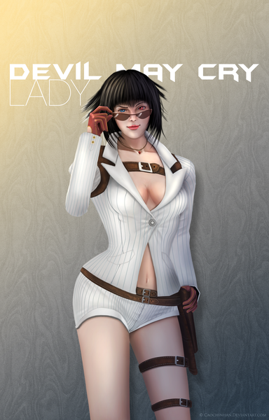 Anime picture 3000x4683 with devil may cry lady (devil may cry) cao chi nhan single tall image highres short hair blue eyes light erotic black hair red eyes cleavage no bra character names hand on hip lipstick heterochromia makeup adjusting sunglasses girl
