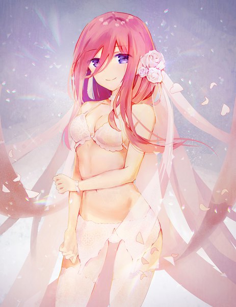Anime picture 1481x1920 with go-toubun no hanayome nakano miku ccgovo single long hair tall image looking at viewer fringe breasts light erotic smile hair between eyes standing purple eyes pink hair cleavage hair flower underwear only girl navel