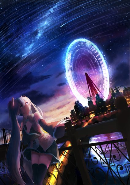 Anime-Bild 2480x3507 mit vocaloid hatsune miku shimmer single long hair tall image fringe highres blue eyes twintails bare shoulders blue hair looking away sky cloud (clouds) ahoge pleated skirt night wide sleeves zettai ryouiki