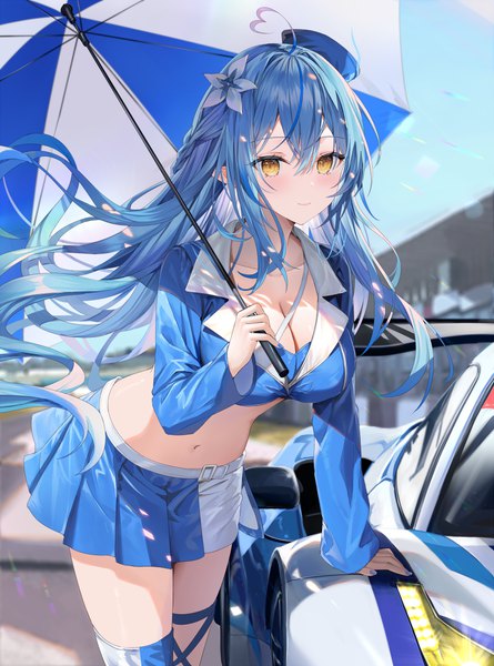 Anime picture 1899x2562 with virtual youtuber hololive yukihana lamy rin yuu single long hair tall image looking at viewer blush fringe highres breasts light erotic smile hair between eyes large breasts standing holding yellow eyes blue hair