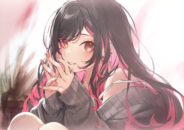 Anime picture 5016x3541 with original kuwashima rein single long hair looking at viewer blush fringe highres black hair smile sitting brown eyes absurdres upper body red hair long sleeves parted lips multicolored hair fingernails off shoulder
