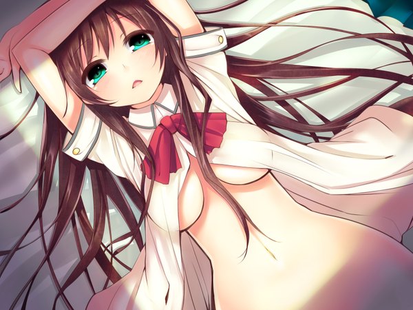 Anime picture 3200x2400 with original tanakahazime (artist) single blush highres open mouth light erotic brown hair green eyes absurdres lying open clothes open shirt underboob girl buttons