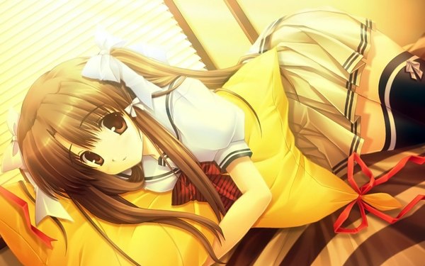 Anime picture 1920x1200 with highres brown hair wide image brown eyes girl thighhighs serafuku bed
