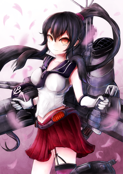 Anime picture 800x1130 with kantai collection yahagi light cruiser single long hair tall image looking at viewer black hair red eyes ponytail girl skirt gloves weapon petals sailor suit