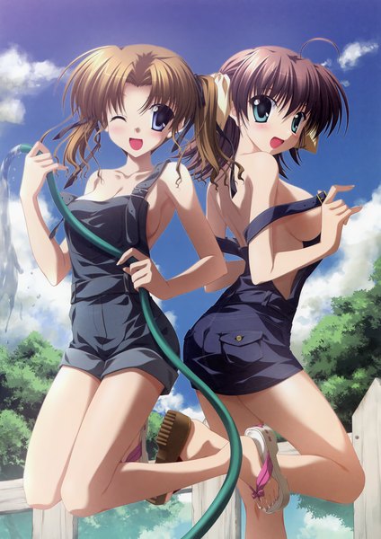 Anime picture 2231x3157 with ef a fairy tale of the two miyamura miyako hayama mizuki nanao naru tall image highres short hair open mouth blue eyes light erotic brown hair multiple girls one eye closed wink girl 2 girls water overalls