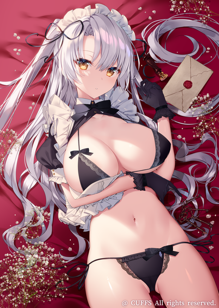 Anime picture 711x1000 with original yusano single long hair tall image looking at viewer fringe breasts light erotic hair between eyes large breasts yellow eyes payot cleavage silver hair lying short sleeves maid on back two side up