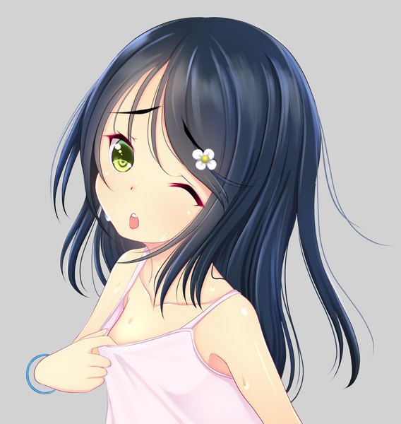 Anime picture 1136x1200 with original kiyomin single long hair tall image open mouth black hair green eyes one eye closed wink loli girl