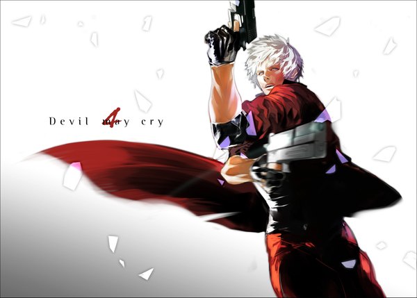 Anime picture 2000x1433 with devil may cry dante (devil may cry) cross (pixiv) single highres short hair simple background white hair muscle boy gloves weapon gun cloak