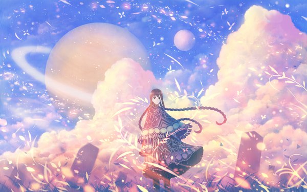 Anime picture 1400x875 with original bounin single long hair looking at viewer fringe smile brown hair brown eyes sky cloud (clouds) braid (braids) wind wide sleeves twin braids girl skirt plant (plants) cape grass