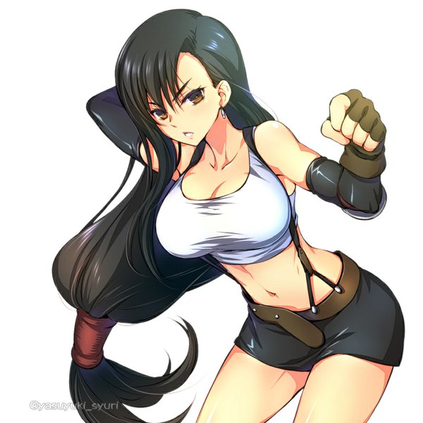 Anime picture 900x900 with final fantasy final fantasy vii square enix tifa lockhart shuri yasuyuki single looking at viewer fringe breasts black hair simple background large breasts white background bare shoulders brown eyes very long hair parted lips bare belly leaning leaning forward