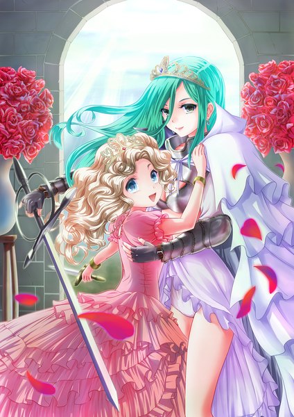 Anime picture 1024x1448 with original suzumiya kyo (kyo21413) long hair tall image open mouth blue eyes light erotic blonde hair smile multiple girls green eyes :d aqua hair hug girl dress underwear panties flower (flowers) weapon