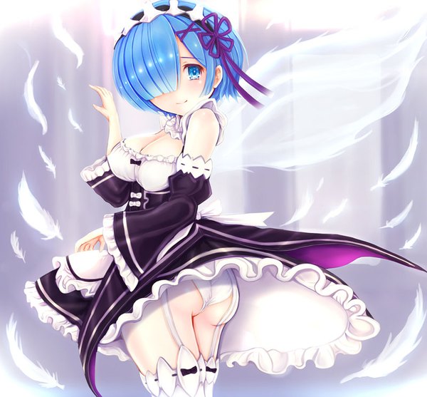 Anime picture 800x743 with re:zero kara hajimeru isekai seikatsu white fox rem (re:zero) teruru single fringe short hair breasts blue eyes light erotic blue hair cleavage hair over one eye girl thighhighs dress underwear panties detached sleeves white thighhighs