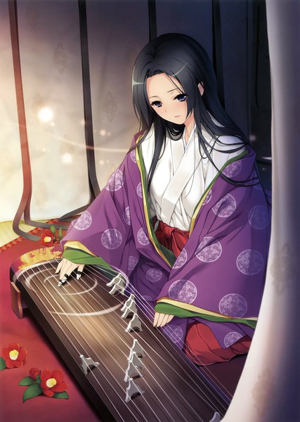 Anime picture 2494x3500 with original ichikawa noa single long hair tall image highres blue eyes black hair looking away traditional clothes japanese clothes scan miko playing instrument girl flower (flowers) kimono musical instrument camellia (flower) junihitoe