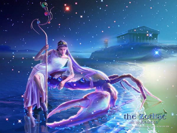 Anime picture 1600x1200 with kagaya long hair purple hair realistic night night sky 3d girl water building (buildings) star (stars) staff crab