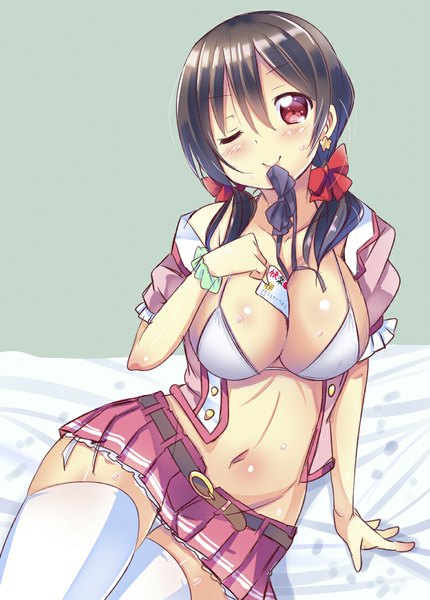 Anime picture 779x1088 with original kurou (quadruple zero) single long hair tall image looking at viewer blush breasts light erotic black hair smile large breasts sitting twintails bare shoulders holding cleavage one eye closed wink open clothes