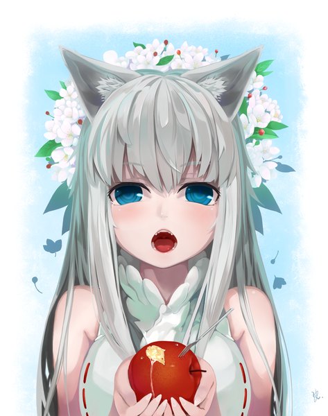 Anime picture 1300x1650 with original yes warabi single long hair tall image blush fringe open mouth blue eyes bare shoulders animal ears grey hair teeth fox ears close-up girl flower (flowers) tongue fruit apple