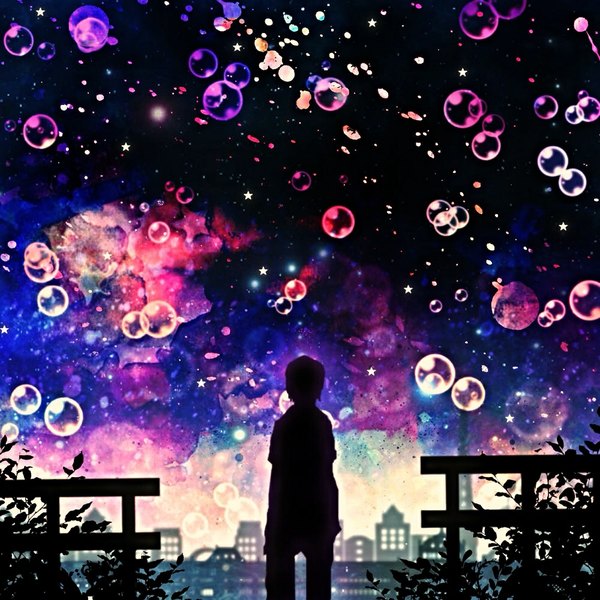 Anime picture 1000x1000 with original harada miyuki single short hair sky night sky city silhouette abstract boy plant (plants) star (stars) bubble (bubbles) fence