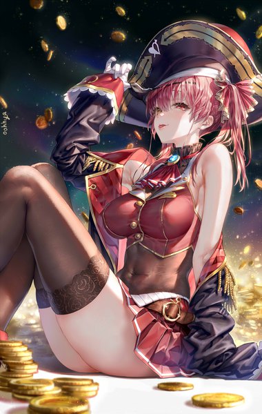 Anime picture 1500x2368 with virtual youtuber hololive houshou marine houshou marine (1st costume) oohhya single long hair tall image looking at viewer blush fringe breasts light erotic hair between eyes red eyes large breasts sitting twintails signed yellow eyes