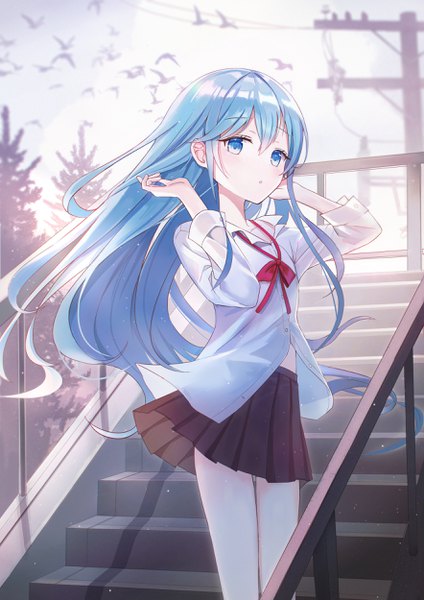 Anime picture 1768x2500 with denpa onna to seishun otoko shaft (studio) touwa erio iren lovel single long hair tall image looking at viewer blush fringe highres open mouth blue eyes hair between eyes standing payot blue hair sky outdoors pleated skirt