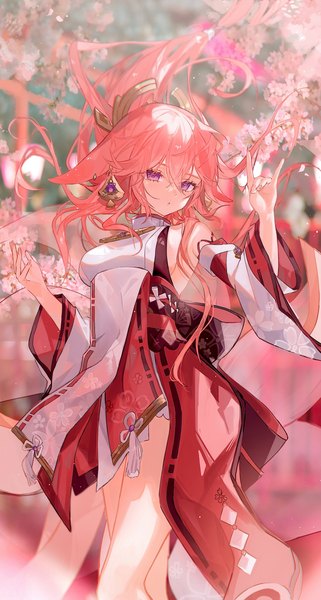 Anime picture 1310x2448 with genshin impact yae miko utsuhostoria single long hair tall image looking at viewer fringe hair between eyes purple eyes animal ears pink hair traditional clothes japanese clothes fox ears cherry blossoms nontraditional miko fox shadow puppet girl detached sleeves