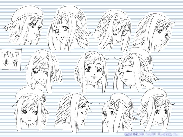 Anime picture 1024x768 with aria alicia florence monochrome lineart character sheet production art
