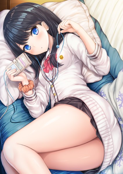 Anime picture 1000x1414 with gridman universe ssss.gridman studio trigger takarada rikka taiki ken single long hair tall image looking at viewer blush blue eyes light erotic black hair holding bent knee (knees) indoors lying parted lips from above bare legs