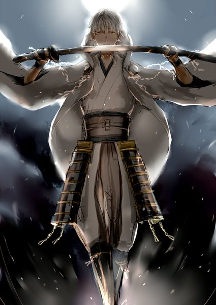 Anime picture 600x847 with touken ranbu nitroplus tsurumaru kuninaga nori (pixiv id2553939) single tall image looking at viewer fringe short hair holding yellow eyes white hair traditional clothes japanese clothes night wide sleeves unsheathing warrior boy weapon