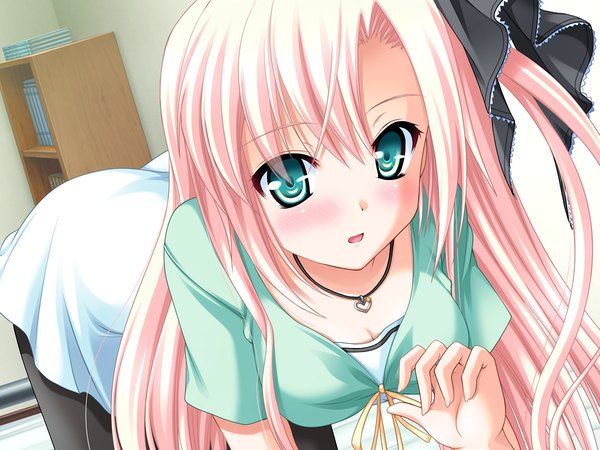 Anime picture 1200x900 with blush light erotic green eyes pink hair game cg close-up girl
