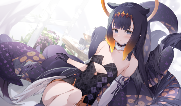 Anime picture 3445x2009 with virtual youtuber hololive hololive english ninomae ina'nis ninomae ina'nis (1st costume) pola (1021) single looking at viewer blush fringe highres blue eyes light erotic black hair smile wide image animal ears absurdres blunt bangs very long hair
