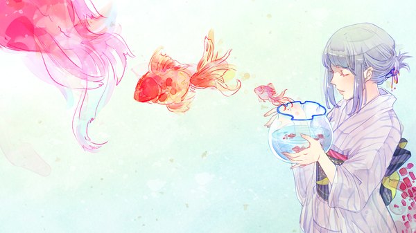 Anime picture 1920x1080 with null (chronix) long hair highres simple background wide image holding eyes closed traditional clothes japanese clothes grey hair traditional media watercolor (medium) girl animal fish (fishes) yukata goldfish aquarium