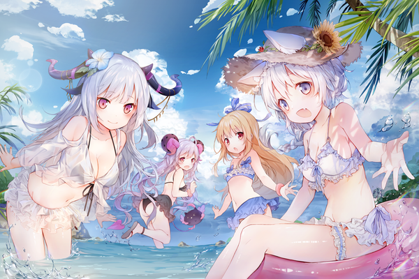 Anime picture 1500x1000 with original amafuyu long hair looking at viewer blush fringe breasts open mouth light erotic blonde hair smile hair between eyes red eyes large breasts standing sitting purple eyes multiple girls animal ears payot