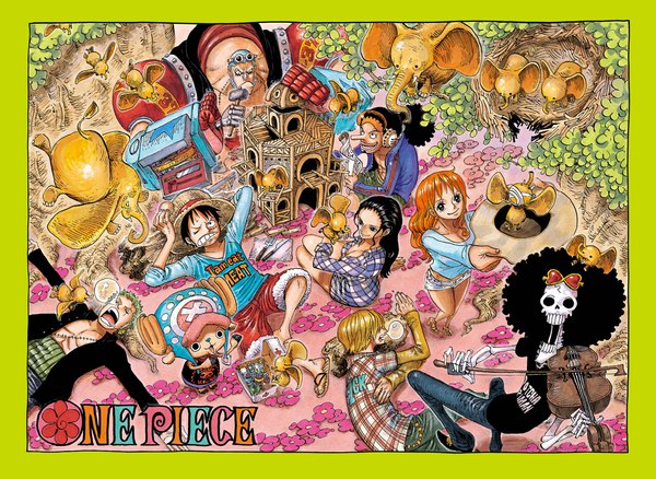 Anime picture 1568x1145 with one piece toei animation nami (one piece) monkey d. luffy nico robin roronoa zoro sanji tony tony chopper usopp franky brook (one piece) oda eiichirou long hair looking at viewer fringe short hair breasts open mouth blonde hair smile