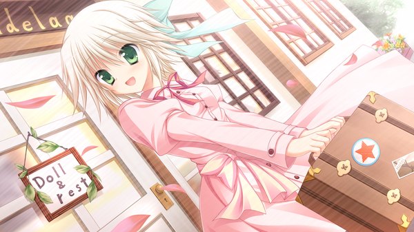 Anime picture 1280x720 with hatsuyuki sakura sirokuma short hair open mouth wide image green eyes game cg white hair girl dress bow hair bow petals suitcase