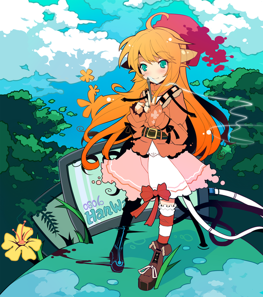 Anime picture 1809x2047 with original ootori rika ideolo single long hair tall image looking at viewer highres smile sky cloud (clouds) ahoge horn (horns) aqua eyes orange hair girl thighhighs plant (plants) tree (trees) shoes