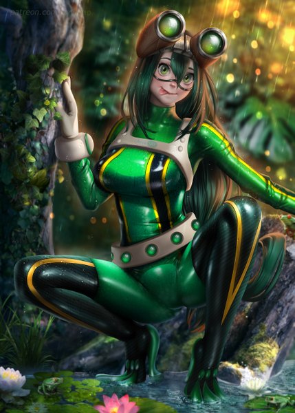 Anime picture 3572x5000 with boku no hero academia studio bones asui tsuyu ayyasap single tall image looking at viewer blush fringe highres breasts light erotic smile hair between eyes large breasts green eyes signed absurdres full body outdoors