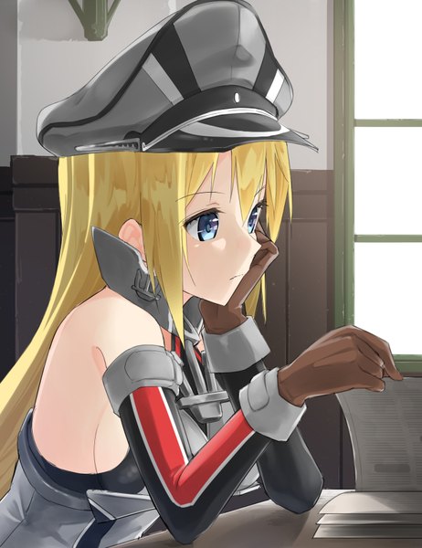 Anime picture 1342x1742 with kantai collection bismarck battleship musk tiger single long hair tall image fringe blue eyes blonde hair bare shoulders indoors hand on face head rest reading girl gloves detached sleeves window book (books) peaked cap