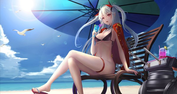 Anime picture 2035x1080 with azur lane prinz eugen (azur lane) wangchuan de quanyan single long hair fringe highres light erotic hair between eyes red eyes wide image holding sky cloud (clouds) ahoge arm up grey hair arm support two side up beach